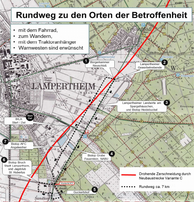 Route der Protestaktion und geplante Trassenführung